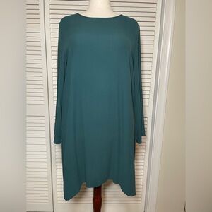 Eileen Fisher Tunic Blouse 100% Silk Crepe Long Sleeve Dark Green Boatneck Large